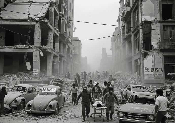Terremoto CDMX 1985: rescate entre escombros.