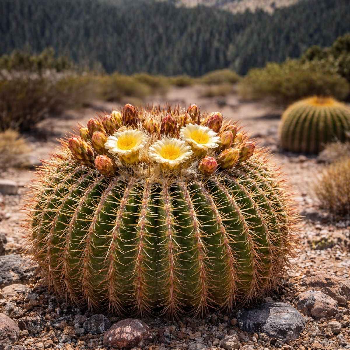 Cactus barril dorado (Echinocactus grusonii) con flores amarillas creciendo en suelo rocoso del desierto bajo luz solar intensa.