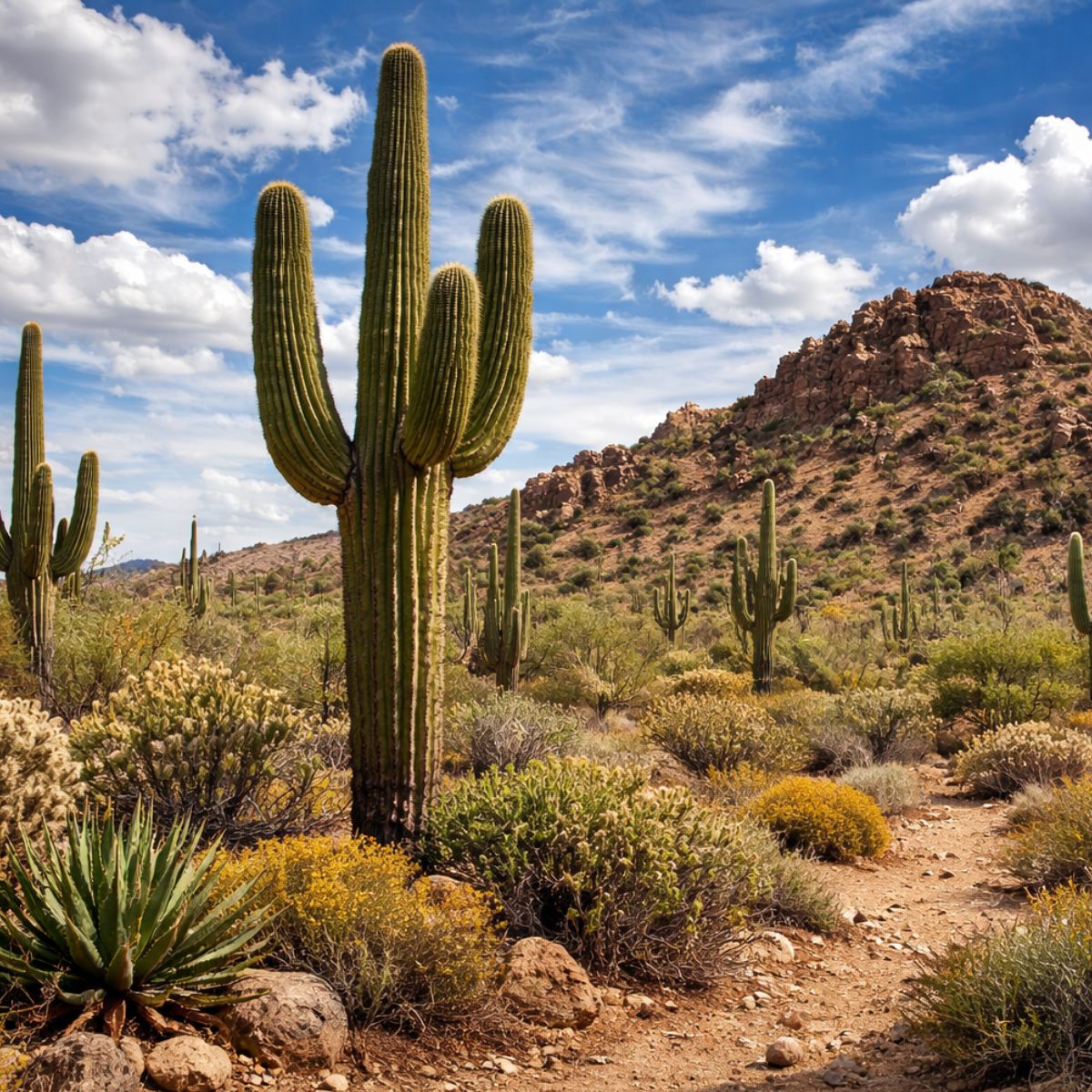 Paisaje desértico con varios cactus saguaro altos en un bosque de cactus bajo cielo azul con nubes, típico del desierto del suroeste de Estados Unidos