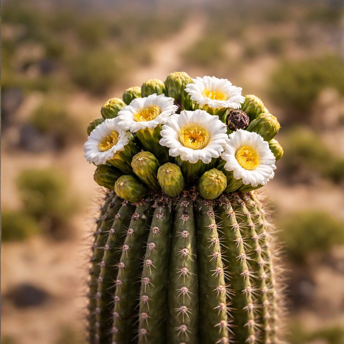 Primer plano de la copa de un cactus saguaro alto con flores blancas y centros amarillos en plena floración, con fondo desértico desenfocado.